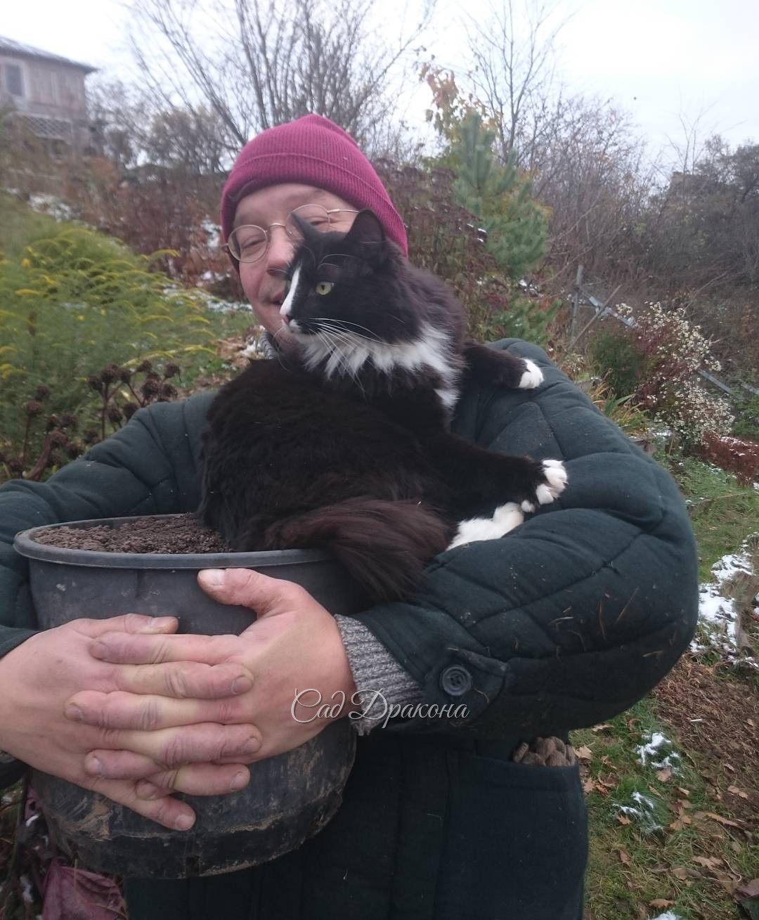 10кг земли и 3,5кг кота ? приехали на Жене к месту посадки пионов. ? ? Лапки мёрзнут ? ?